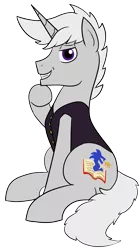 Size: 983x1765 | Tagged: safe, artist:feralroku, derpibooru import, oc, oc:mythos gray, unofficial characters only, pony, unicorn, clothes, looking at you, male, request, simple background, sitting, smiling, solo, transparent background, vest