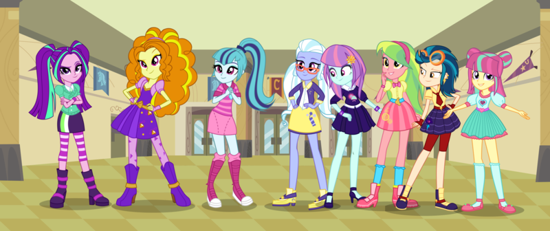 Size: 7141x3000 | Tagged: safe, artist:limedazzle, artist:themexicanpunisher, artist:theshadowstone, derpibooru import, adagio dazzle, aria blaze, indigo zap, lemon zest, sonata dusk, sour sweet, sugarcoat, sunny flare, equestria girls, absurd resolution, alternate universe, boots, canterlot high, clothes, door, glasses, good, shadow five, the dazzlings, wondercolts