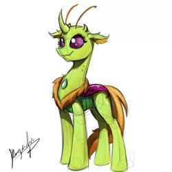 Size: 1000x1000 | Tagged: artist:kennzeichen, changedling, changeling, changeling queen, derpibooru import, female, king thorax, looking at you, mesosoma, queen mesosoma, rule 63, safe, simple background, smiling, solo, thorax, to where and back again, white background