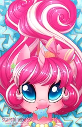 Size: 900x1391 | Tagged: safe, artist:starshinebeast, derpibooru import, oc, oc:sugar spell, unofficial characters only, pony, unicorn, bow, cookie, cute, food, hair bow, mouth hold, pink, solo