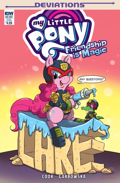 Size: 791x1200 | Tagged: artist:katiecandraw, cake, cover, derpibooru import, food, frosting, frosting gun, gummy, idw, idw deviations, judge dredd, pinkie pie, safe, spoiler:comic, spoiler:comicdeviations