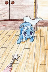 Size: 1929x2847 | Tagged: safe, artist:40kponyguy, derpibooru import, trixie, human, pony, unicorn, behaving like a cat, cute, female, hand, imminent pounce, mare, offscreen character, pony pet, solo focus, traditional art, wand, wooden floor