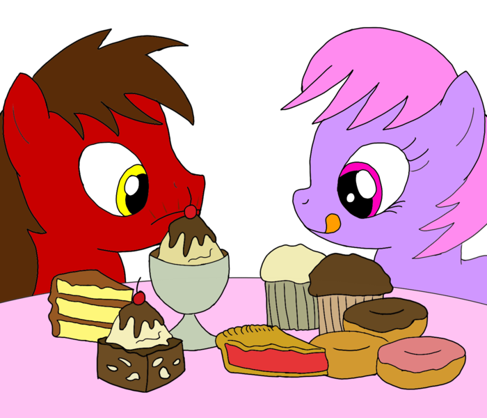 Size: 1400x1200 | Tagged: artist:toyminator900, cake, derpibooru import, dessert, donut, duo, food, fudge, muffin, oc, oc:chip, oc:melody notes, pie, safe, sundae, unofficial characters only