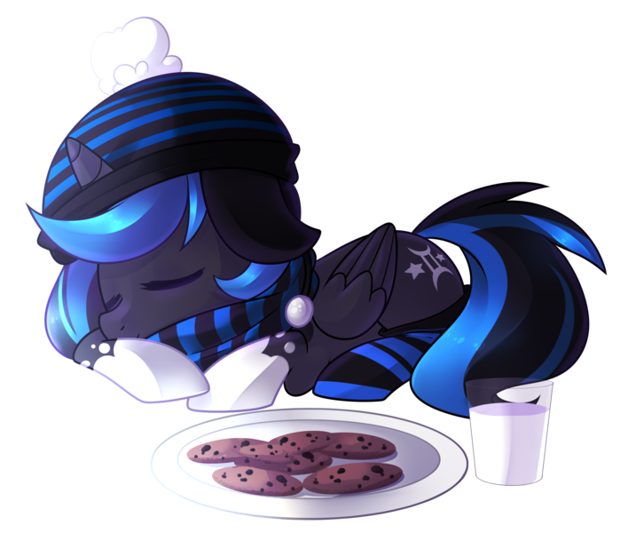 Size: 2264x1920 | Tagged: safe, artist:drawntildawn, derpibooru import, oc, oc:ebony, unofficial characters only, alicorn, pony, alicorn oc, clothes, cookie, food, milk, scarf, simple background, sleeping, socks, solo, striped socks, transparent background