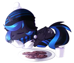 Size: 2264x1920 | Tagged: safe, artist:drawntildawn, derpibooru import, oc, oc:ebony, unofficial characters only, alicorn, pony, alicorn oc, clothes, cookie, food, milk, scarf, simple background, sleeping, socks, solo, striped socks, transparent background