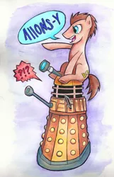 Size: 2160x3360 | Tagged: safe, artist:milesofcrochet, derpibooru import, doctor whooves, time turner, pony, dalek, doctor who, male, stallion, traditional art