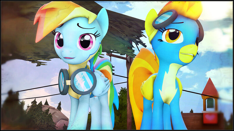 Size: 1920x1080 | Tagged: 3d, artist:skilm, clothes, derpibooru import, goggles, rainbow dash, rock, safe, source filmmaker, spitfire, tree, wonderbolts uniform