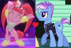 Size: 880x587 | Tagged: safe, derpibooru import, edit, edited screencap, screencap, limelight, pacific glow, pony, the mane attraction, the saddle row review, bipedal, clothes, dancer, dancing, heart, limeglow, male, shipping, shipping domino, stairs, straight