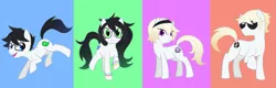 Size: 1557x498 | Tagged: artist:shiroiangelz, bracelet, bucktooth, crossover, dave strider, derpibooru import, frown, glasses, homestuck, jade harley, jewelry, john egbert, looking at you, open mouth, ponified, raised hoof, raised leg, rose lalonde, safe, smiling, sunglasses