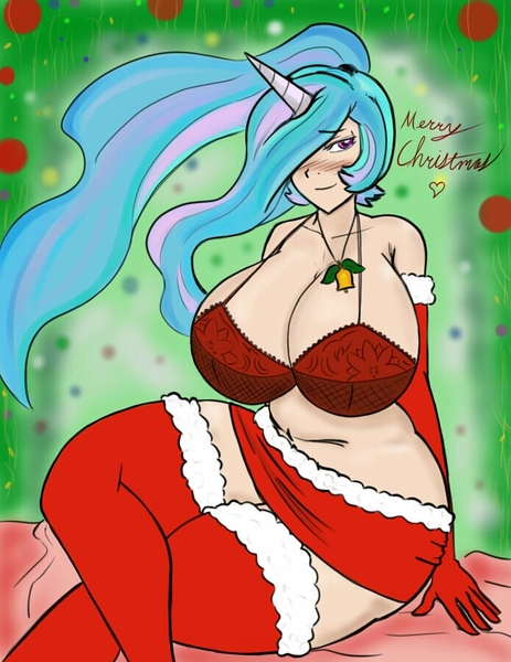 Size: 694x900 | Tagged: suggestive, artist:70nywuvschizuru, derpibooru import, princess celestia, human, big breasts, bra, breasts, busty princess celestia, christmas, christmas ornament, christmas outfit, cleavage, clothes, curvy, decoration, female, gloves, horned humanization, huge breasts, humanized, looking at you, merry christmas, plump, praise the sun, solo, solo female, stockings, stupid sexy celestia, underwear