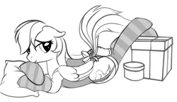 Size: 1732x1000 | Tagged: dead source, suggestive, artist:graboiidz, derpibooru import, rainbow dash, bow, clothes, female, grayscale, image, looking at you, monochrome, pillow, png, rainbow dash always dresses in style, simple background, socks, solo, solo female, striped socks, tail bow, white background