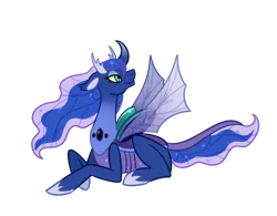 Size: 1024x800 | Tagged: artist:maskarie, changedling, changedlingified, changeling, changelingified, curved horn, derpibooru import, floppy ears, lidded eyes, princess luna, prone, safe, simple background, smiling, solo, species swap, spread wings, to where and back again, transparent background