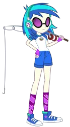 Size: 1441x2591 | Tagged: safe, artist:sketchmcreations, derpibooru import, vinyl scratch, equestria girls, legend of everfree, camp everfree outfits, clothes, converse, earbuds, fishing rod, glasses, hand on hip, shoes, shorts, simple background, smiling, sneakers, solo, transparent background, vector