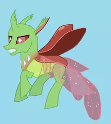 Size: 680x760 | Tagged: safe, artist:watermelon changeling, derpibooru import, changedling, changeling, to where and back again, angry, blue background, flying, green changeling, ms paint, simple background, solo, spread wings