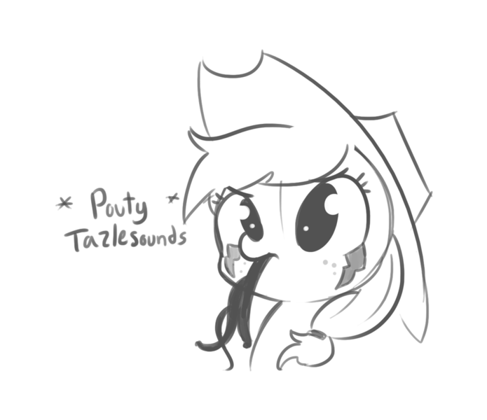 Size: 935x807 | Tagged: safe, artist:tjpones, derpibooru import, applejack, monster pony, original species, tatzlpony, :p, cute, descriptive noise, frown, horse noises, meme, monochrome, pouting, simple background, sketch, solo, sound effects, species swap, tatzljack, tongue out, white background