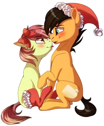 Size: 4961x6005 | Tagged: absurd resolution, artist:elskafox, blushing, boop, bow, christmas stocking, derpibooru import, hat, male, oc, oc:artline, oc:solar bronze, oc x oc, safe, santa hat, shipping, simple background, straight, transparent background, unofficial characters only