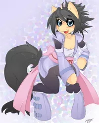 Size: 800x1000 | Tagged: safe, artist:larkdraws, derpibooru import, oc, oc:blossomfall, unofficial characters only, pony, semi-anthro, unicorn, bipedal, clothes, cosplay, costume, sheena fujibayashi, solo, tales of symphonia