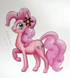 Size: 2107x2322 | Tagged: safe, artist:nerventee, artist:schiraki, derpibooru import, pinkie pie, hair accessory, raised hoof, solo, traditional art