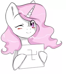 Size: 730x827 | Tagged: artist needed, blushing, buddhism, derpibooru import, heathenism, hinduism, manji, pagan, paper, princess celestia, religion, safe, simple background, solo, white background