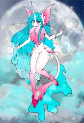 Size: 1024x1500 | Tagged: safe, artist:niniibear, derpibooru import, opalescence, anthro, unicorn, blue, chest fluff, cloud, cute, fluffy, galaxy, moon, night, pearl, pink, semi closed species, solo, species, stars, white