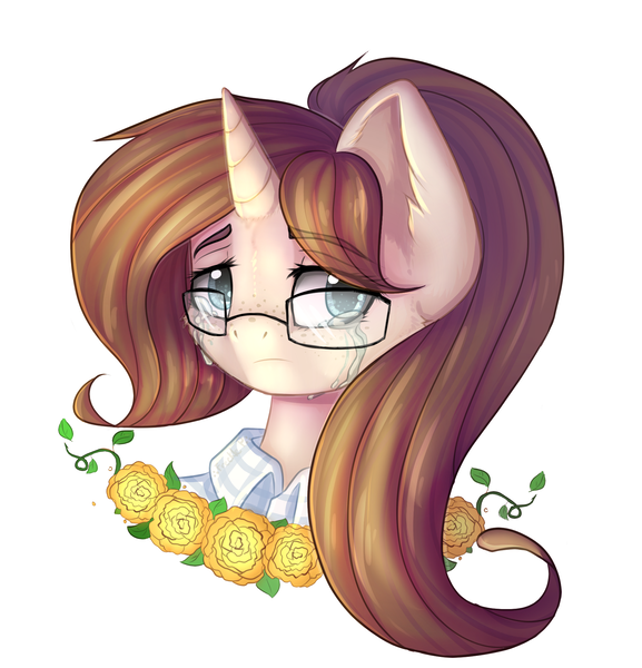 Size: 1776x1848 | Tagged: dead source, safe, artist:freckleplant, derpibooru import, oc, unofficial characters only, pony, unicorn, bust, crying, eye clipping through hair, flower, glasses, portrait, rose, simple background, solo, white background