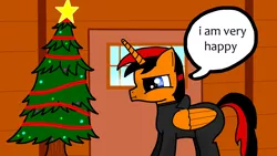 Size: 2560x1440 | Tagged: safe, artist:phenioxflame, derpibooru import, oc, unofficial characters only, alicorn, pony, alicorn oc, base used, christmas, christmas tree, red and black oc, solo, speech bubble, tree