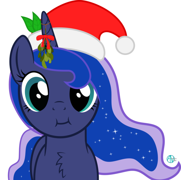 Size: 2500x2481 | Tagged: safe, artist:arifproject, derpibooru import, princess luna, alicorn, pony, :i, arif's christmas pones, arif's scrunchy pone, chest fluff, cute, female, hat, leaf, looking at you, mistletoe, santa hat, simple background, solo, transparent background, vector