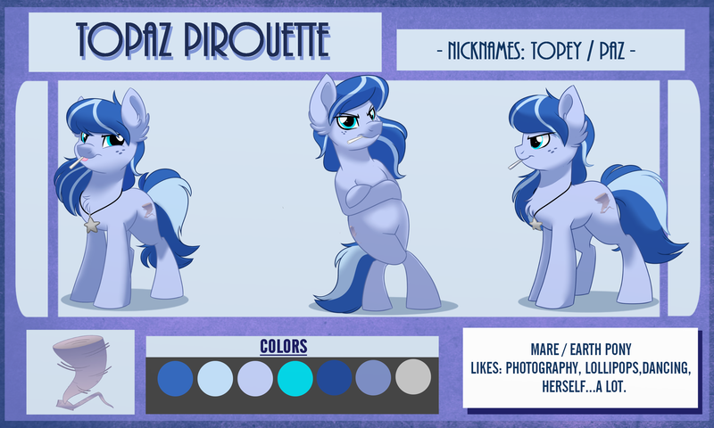 Size: 3000x1800 | Tagged: safe, artist:itstaylor-made, derpibooru import, oc, oc:topaz pirouette, unofficial characters only, earth pony, pony, candy, commission, female, food, freckles, leaning, locket, lollipop, mare, reference sheet