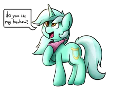 Size: 2000x1500 | Tagged: safe, artist:lyres-art, derpibooru import, lyra heartstrings, pony, unicorn, bandana, dialogue, neckerchief, simple background, smiling, solo, speech bubble, transparent background