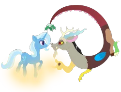 Size: 1708x1296 | Tagged: safe, artist:carouselunique, derpibooru import, discord, trixie, pony, unicorn, female, holly, male, mare, mistleholly, mistletoe, shipping, simple background, straight, transparent background, trixcord