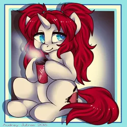 Size: 1000x1000 | Tagged: safe, artist:fur-what-loo, derpibooru import, oc, oc:scarlet heart, unofficial characters only, pony, unicorn, sitting, solo, tim hortons