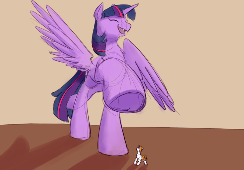 Size: 1000x700 | Tagged: questionable, artist:goat train, deleted from derpibooru, derpibooru import, twilight sparkle, twilight sparkle (alicorn), oc, oc:vanilla beam, alicorn, pony, commission, crush fetish, dancing, eyes closed, micro, open mouth, size difference, underhoof