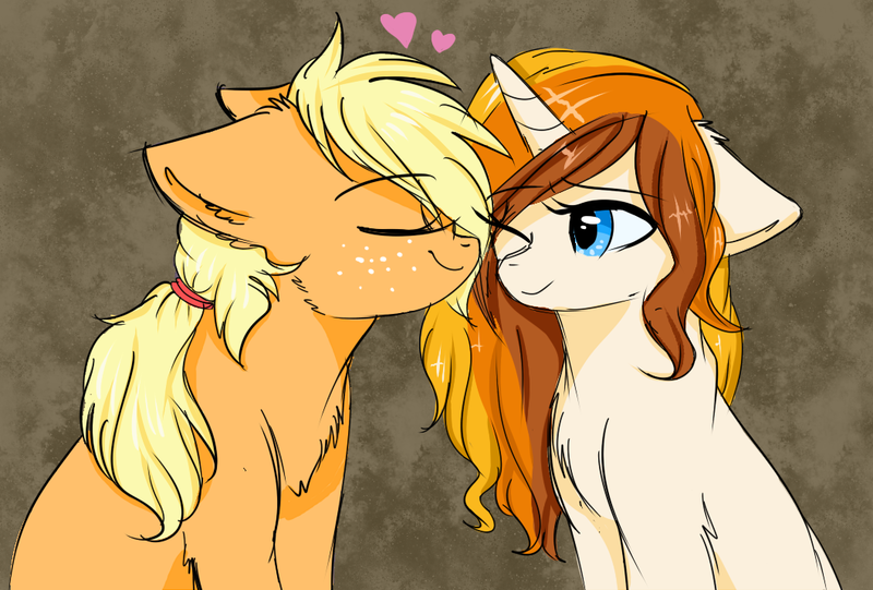 Size: 1058x716 | Tagged: safe, artist:moonabelle, derpibooru import, applejack, oc, oc:sky, canon x oc, chest fluff, eyes closed, female, floppy ears, fluffy, heart, lesbian, nuzzling, ponysona, shipping