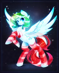 Size: 1629x2022 | Tagged: safe, artist:koveliana, derpibooru import, oc, oc:mint polaire, unofficial characters only, pegasus, pony, chromatic aberration, clothes, commission, looking at you, rearing, socks, solo, striped socks