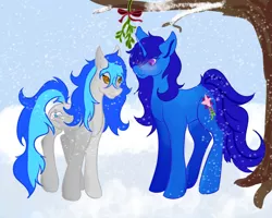 Size: 2000x1600 | Tagged: safe, artist:silverkitsune84, derpibooru import, oc, oc:coldfire, oc:delly, unofficial characters only, pegasus, pony, unicorn, blushing, cute, female, lesbian, mistletoe, shipping, smiling, snow, tree, under the tree