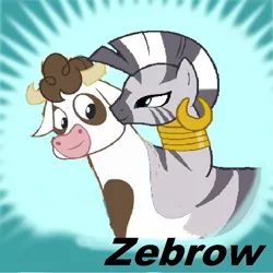 Size: 1019x1017 | Tagged: conjoined, cow, daisy jo, derpibooru, derpibooru import, fusion, meme, meta, multiple heads, safe, spoilered image joke, tags, two heads, we have become one, what has magic done, zebra, zebrow, zecora