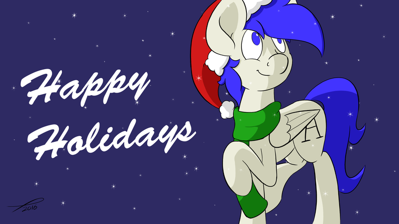 Size: 2560x1440 | Tagged: safe, artist:platenjack, derpibooru import, oc, oc:platen, unofficial characters only, pegasus, pony, christmas, clothes, hat, holiday, santa hat, scarf, snow, solo, winter