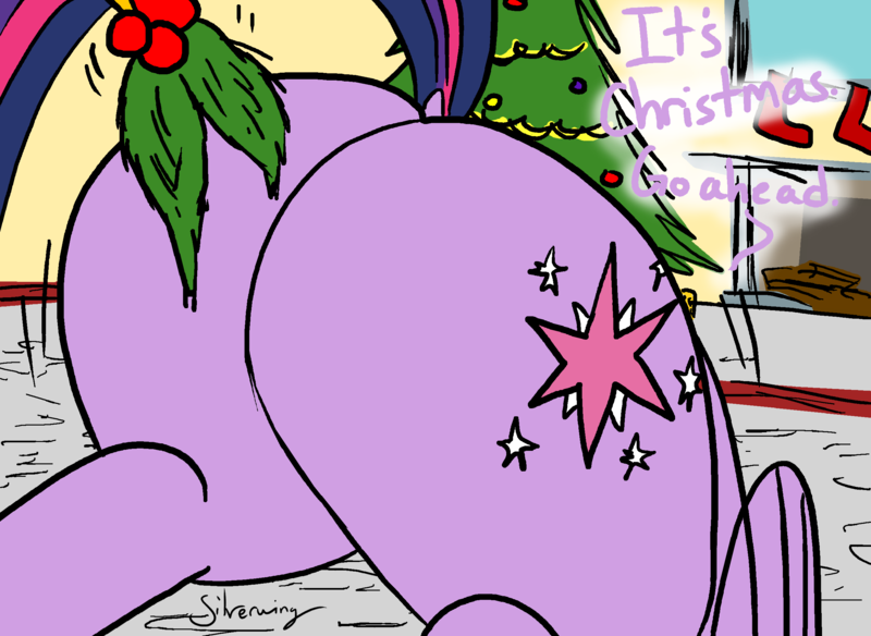 Size: 2508x1830 | Tagged: suggestive, artist:silverwing, derpibooru import, twilight sparkle, twilight sparkle (alicorn), alicorn, pony, butt only, butt shake, christmas, christmas stocking, christmas tree, dock, female, holly, holly mistaken for mistletoe, kiss my ass, mare, mistleholly, plot, sexy, solo, solo female, the ass was fat, tree, twibutt