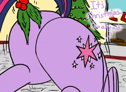 Size: 2508x1830 | Tagged: suggestive, artist:silverwing, derpibooru import, twilight sparkle, twilight sparkle (alicorn), alicorn, pony, butt only, butt shake, christmas, christmas stocking, christmas tree, dock, female, holly, holly mistaken for mistletoe, kiss my ass, mare, mistleholly, plot, sexy, solo, solo female, the ass was fat, tree, twibutt