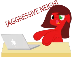 Size: 2000x1601 | Tagged: safe, artist:phinpie, derpibooru import, oc, oc:metro, unofficial characters only, pegasus, pony, annoyed, bionic eye, computer, descriptive noise, female, frown, glare, laptop computer, looking at you, mare, meme, neigh, open mouth, simple background, solo, table, transparent background, underhoof, vector