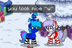 Size: 277x188 | Tagged: safe, derpibooru import, oc, oc:cloud icicle, oc:lucky duck, unofficial characters only, pony town, christmas, christmas tree, clothes, plushie, present, snow, socks, stockings, striped socks, tree
