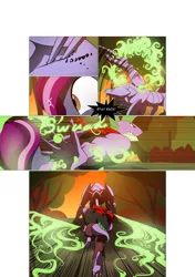 Size: 3541x5016 | Tagged: safe, artist:gashiboka, derpibooru import, spike, oc, oc:spotlight splash, dragon, pegasus, pony, robot, comic:recall the time of no return, absurd resolution, comic, dual wield, fight, fire, iron wolf, older, older spike, sword, weapon