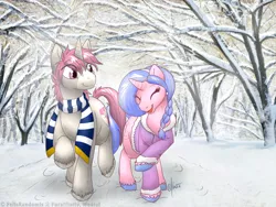 Size: 1100x825 | Tagged: safe, artist:breadpudd, artist:felisrandomis, derpibooru import, oc, oc:intrepid charm, oc:silverthread, unofficial characters only, pony, forest, snow, winter