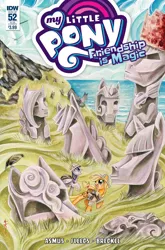 Size: 1054x1600 | Tagged: safe, artist:sararichard, derpibooru import, idw, applejack, twilight sparkle, twilight sparkle (alicorn), alicorn, pony, spoiler:comic, spoiler:comic52, clothes, cover, easter island, grass, happy, hat, moai, open mouth, pith helmet, raised hoof, smiling, statue