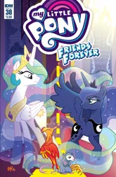 Size: 1054x1600 | Tagged: annoyed, artist:tonyfleecs, comic, derpibooru import, eye contact, frown, glare, idw, looking at each other, philomena, princess celestia, princess luna, raised hoof, royal sisters, safe, spoiler:comicff38, spread wings, tiberius