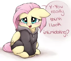 Size: 2000x1708 | Tagged: safe, artist:buttersprinkle, derpibooru import, fluttershy, pegasus, pony, alternate hairstyle, blushing, bronybait, buttersprinkle is trying to murder us, clothes, cute, daaaaaaaaaaaw, dialogue, female, floppy ears, haircut, hnnng, hoodie, looking at you, mare, open mouth, shyabetes, simple background, sitting, smiling, solo, text, weapons-grade cute, white background