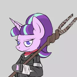 Size: 1500x1500 | Tagged: artist:pandramodo, barbed wire, clothes, crossover, derpibooru import, equal cutie mark, evil grin, gray background, grin, looking at you, lucille, negan, s5 starlight, safe, simple background, smiling, solo, staff, staff of sameness, starlight glimmer, the walking dead