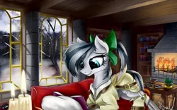 Size: 1920x1200 | Tagged: safe, artist:aurelleah, derpibooru import, oc, oc:silver emerald heart, unofficial characters only, pony, artificial wings, augmented, book, bookshelf, candle, clothes, commission, couch, fire, fireplace, garter belt, jewelry, mare in the moon, mechanical wing, moon, necklace, pillow, prone, reading, ribbon, snow, solo, table, wings, winter