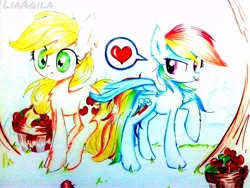 Size: 640x480 | Tagged: safe, artist:liaaqila, derpibooru import, applejack, rainbow dash, apple, apple tree, appledash, butt touch, feathermarking, female, food, heart, lesbian, shipping, tree