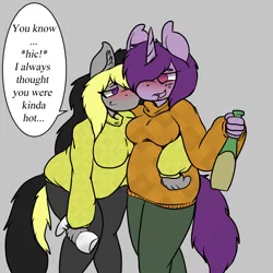 Size: 1100x1100 | Tagged: anthro, artist:fu-do, blushing, clothes, derpibooru import, drunk, female, oc, oc:mitternacht von kloudette, oc:violet, safe, shipping, sweater, unmoving plaid, unofficial characters only